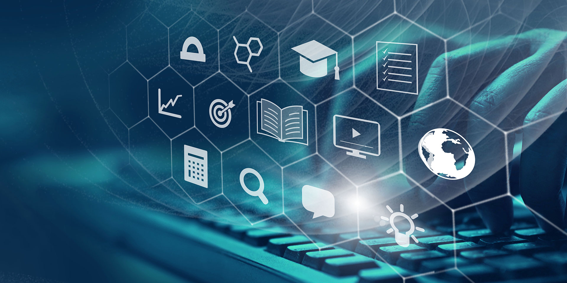 Hands type on a laptop, while technology icons are superimposed over the top in blue and white.